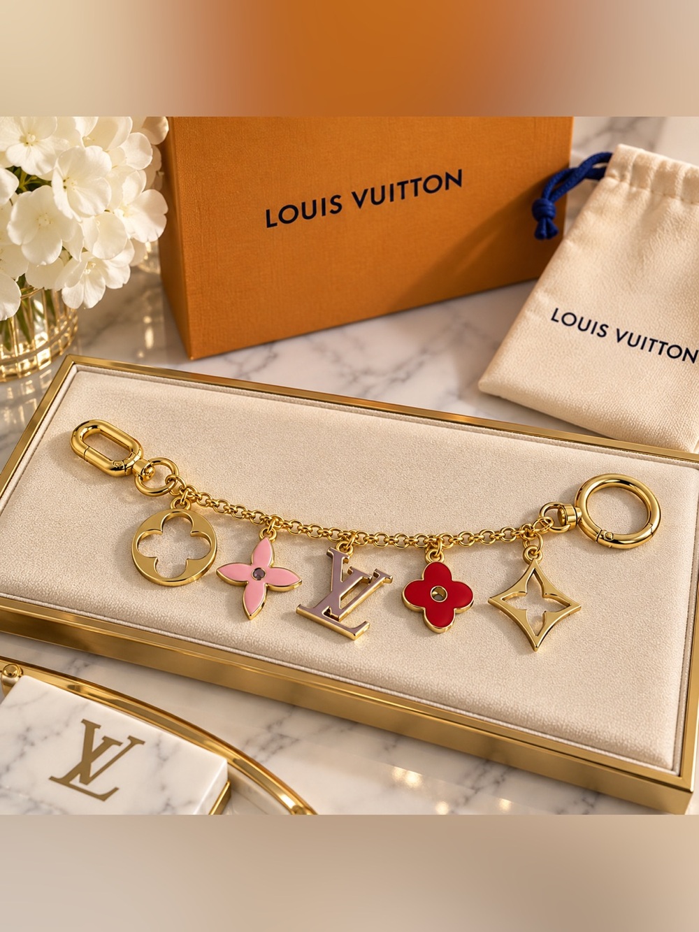 Gold Charm Key Holder with Pink and Red Floral Charms